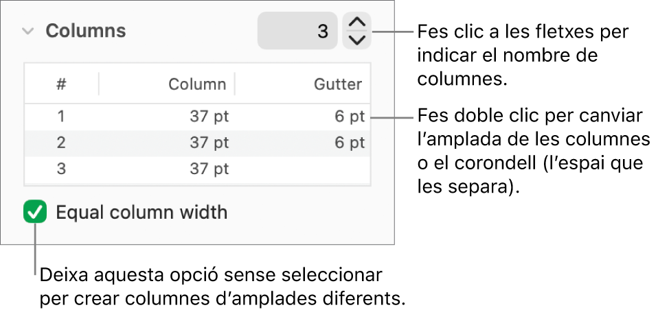 Controls de la secció de columnes per canviar el nombre de columnes i l’amplada de cada columna.