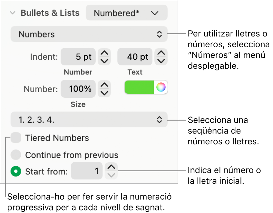Controls per canviar l’estil dels números i l’espaiat d’una llista.