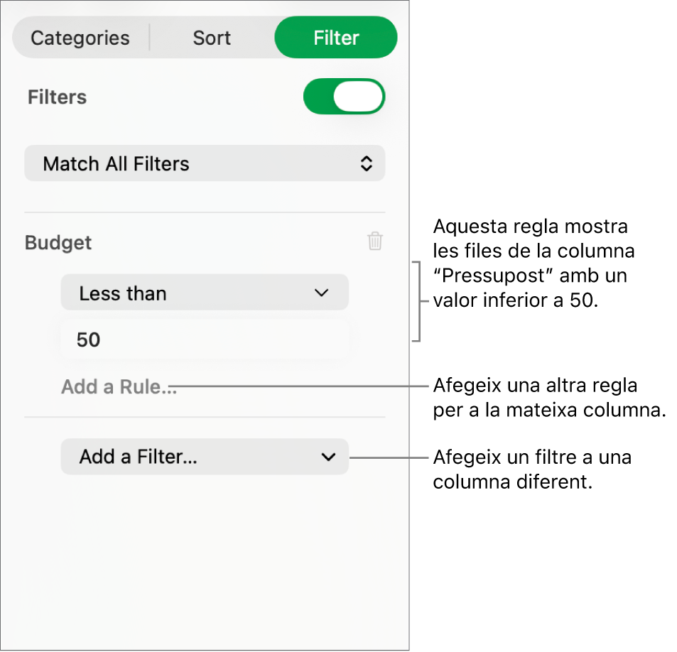 Controls per crear regles de filtració.