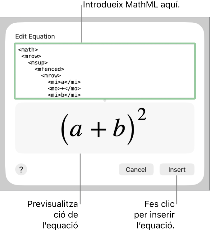 L’equació del pendent d’una línia al camp “Edita l’equació” i una previsualització de la fórmula a sota.