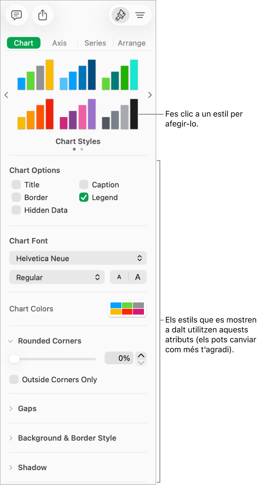 La barra lateral Format, que mostra els controls de formatar gràfics.