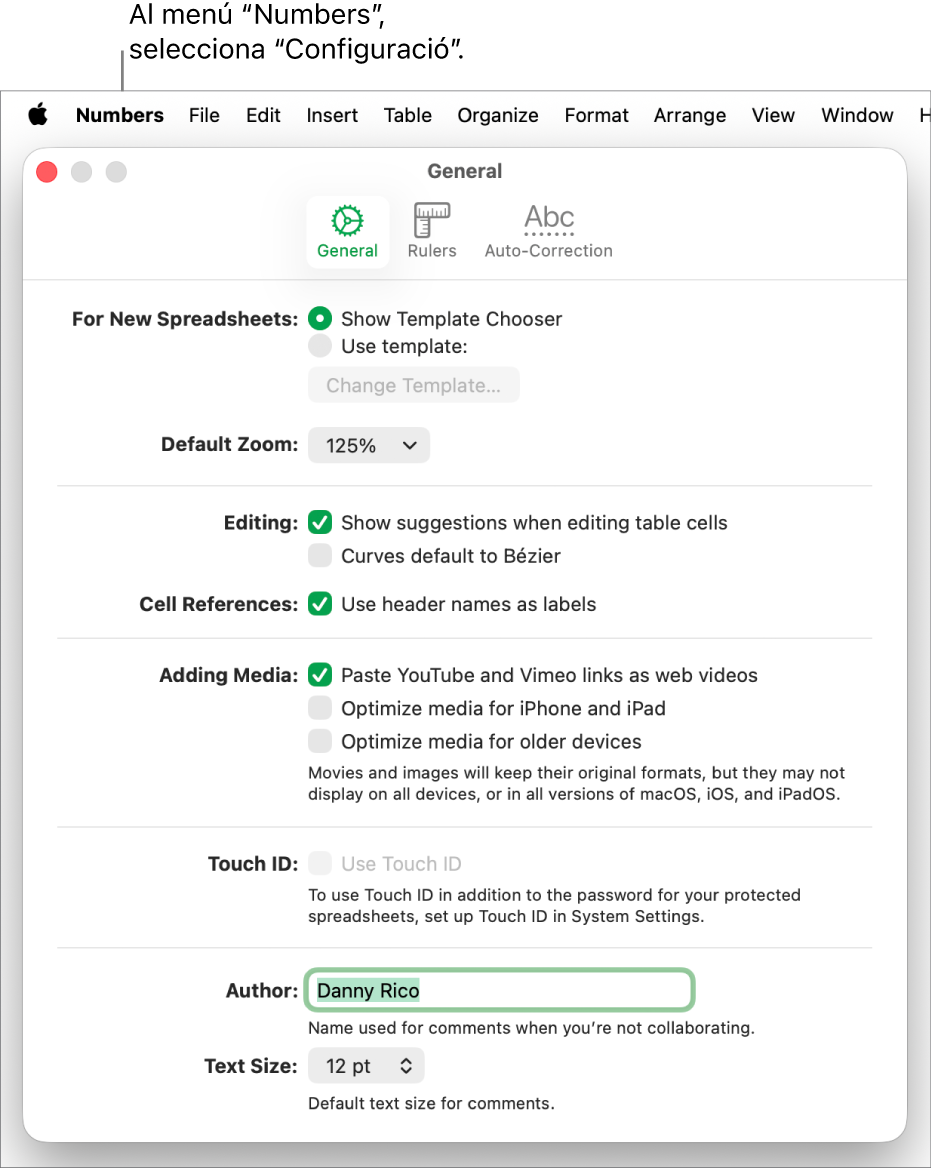 Finestra de la configuració del Numbers amb el tauler General obert en què es mostra la configuració per als fulls de càlcul nous, el zoom per omissió, l’edició, les referència de cel·la, les equacions, l’addició de contingut, el Touch ID, el nom de l’autor i la mida de text per omissió.