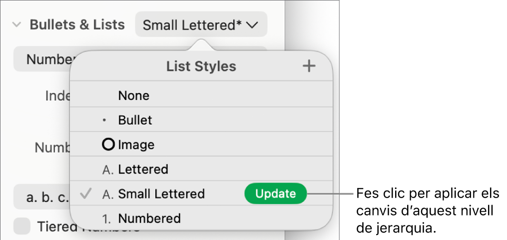 El menú emergent “Estils de llista”, amb un botó “Actualitza” al costat del nom del nou estil.