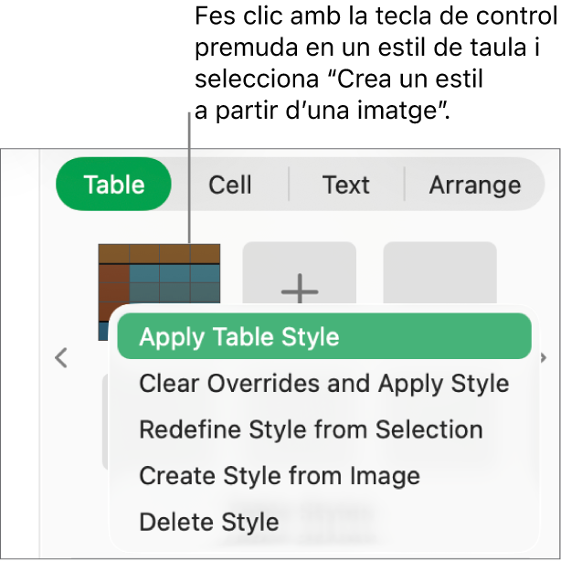 El menú de dreceres “Estil de taula”.