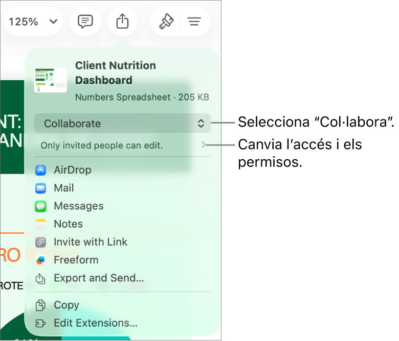 Menú “Comparteix” amb l’opció “Col·labora” seleccionada a la part superior i la configuració dels permisos a sota.
