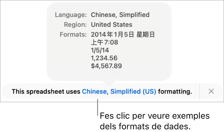 La notificació de la diferència de configuració d’idioma i regió, amb exemples del format d’aquell idioma i regió.