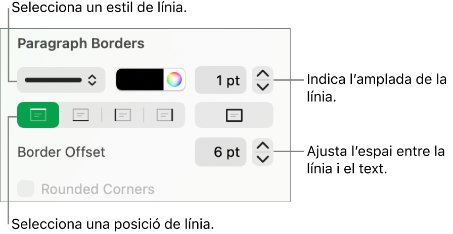 Controls per canviar l’estil, el gruix, la posició i el color de la línia.