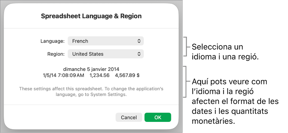La configuració d’idioma i regió, amb controls per configurar l’idioma i la regió i un exemple de format que inclou la data, l’hora, els decimals i la moneda.