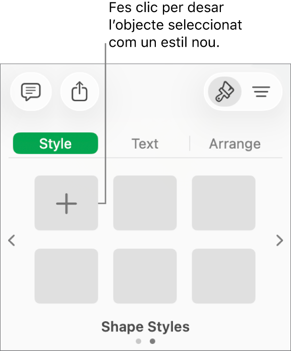 Pestanya “Estil” de la barra lateral “Format” amb quatre estils d’imatge, un botó “Crea un estil” i un marcador de posició d’estil buit.