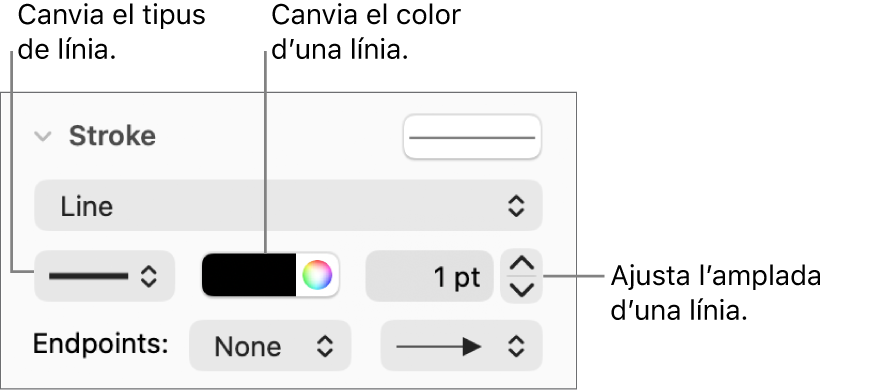 Els controls de traç per ajustar els punts finals, el gruix de la línia i el color.