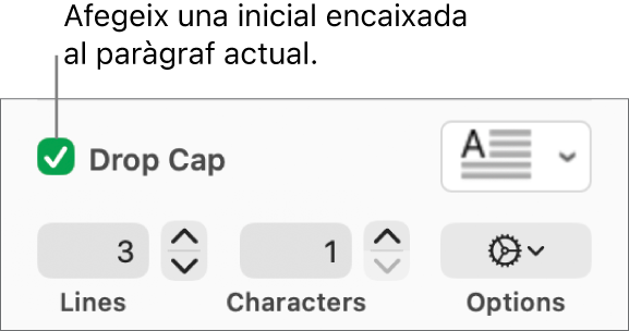 La casella de selecció Caplletra està marcada i a la dreta es mostra un menú desplegable; a sota hi ha els controls per definir l’alçada de les línies, el nombre de caràcters i altres opcions.