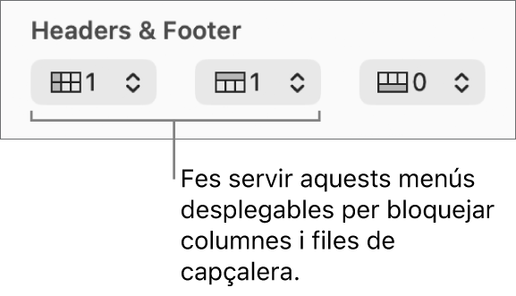 Els menús desplegables per afegir columnes i files de capçalera i de peu a una taula i per bloquejar les files i columnes de capçalera.