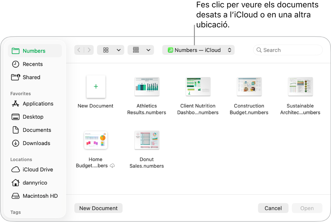 El quadre de diàleg “Obre”, amb la barra lateral oberta a l’esquerra i l’iCloud Drive seleccionat al menú desplegable de la part superior. Les carpetes del Keynote, el Numbers i el Pages apareixen al quadre de diàleg juntament amb el botó “Nou document”.