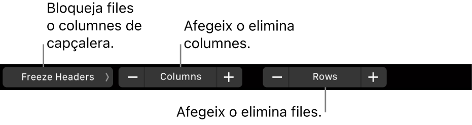 La Touch Bar del MacBook Pro amb controls per bloquejar files o columnes de capçalera, afegir o eliminar columnes i afegir o eliminar files.