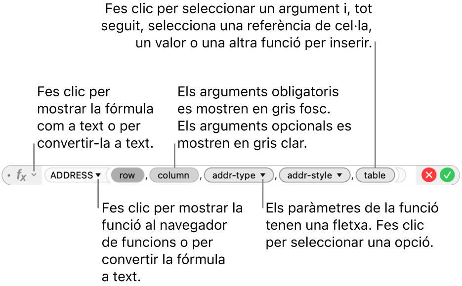 L’editor de fórmules, que mostra la funció “ADREÇA” i els testimonis d’argument corresponents.