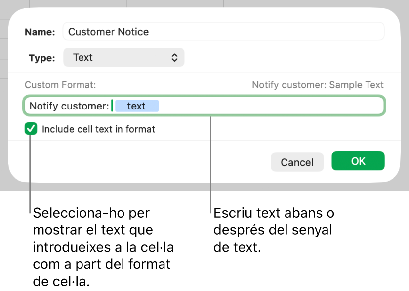Format personalitzat de cel·la de text.