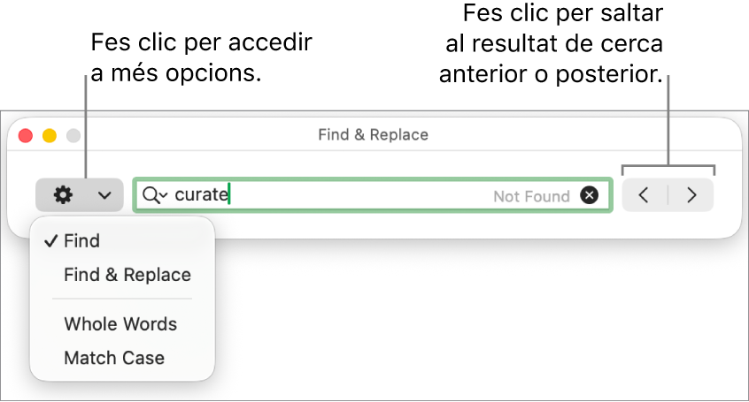 La finestra ““Cerca i substitueix”, amb el menú desplegable que mostra les opcions “Cerca”, “Cerca i substitueix”, “Paraules senceres” i “Respecta les majúscules i minúscules”. Les fletxes de la dreta permeten anar als resultats de cerca anteriors o posteriors.