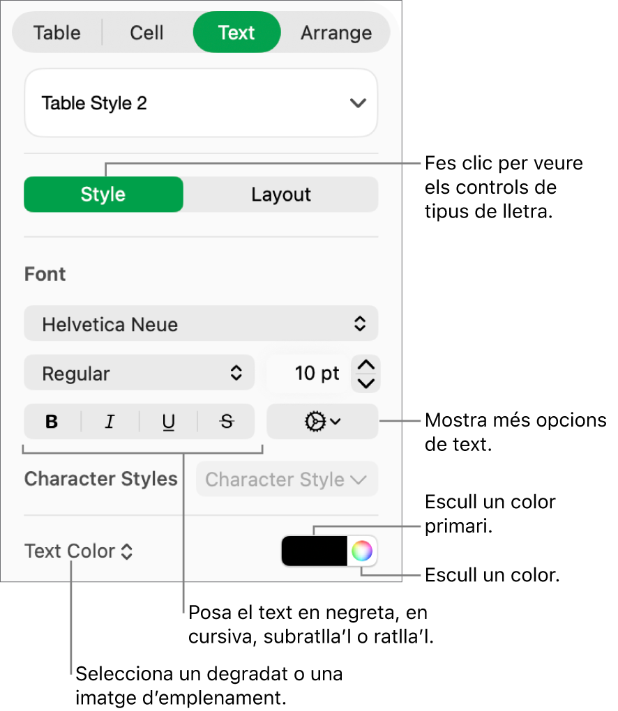 Els controls per aplicar un estil al text d’una taula.