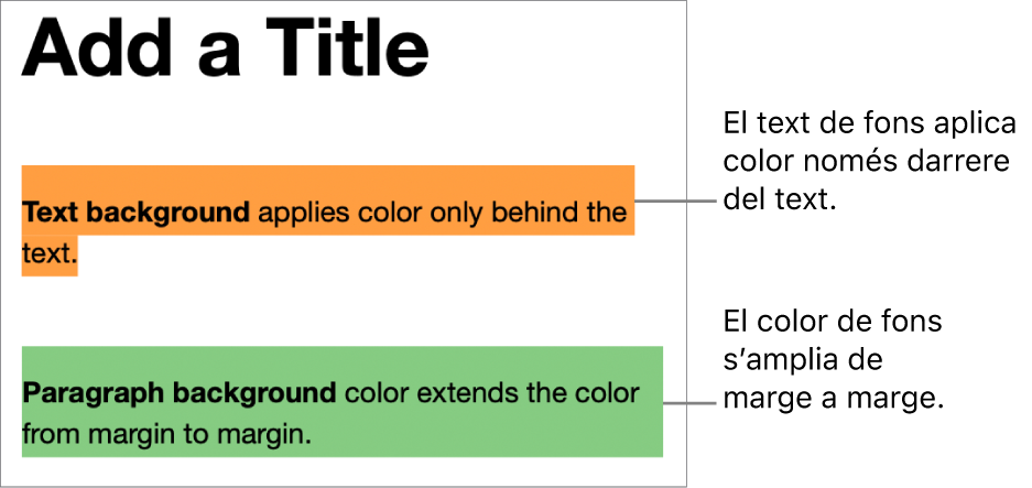 Un paràgraf amb color només darrere del text i un segon paràgraf amb color al darrere que s’estén de marge a marge en un bloc.
