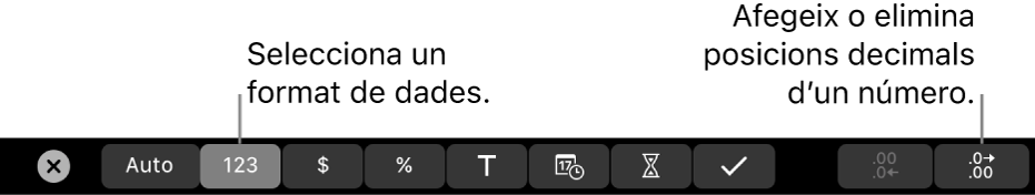 La Touch Bar del MacBook Pro amb controls per seleccionar un format de dades i afegir o eliminar posicions decimals a un número.