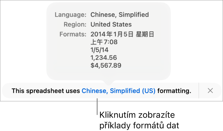 Upozornění na odlišné nastavení jazyka a oblasti s ukázkami formátování pro daný jazyk a oblast