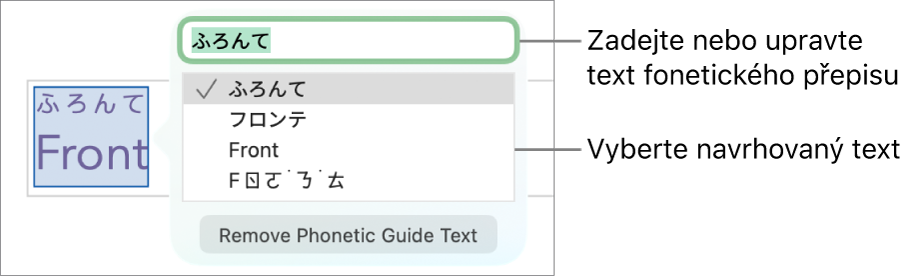 Otevřený fonetický přepis slova s popisky u textového pole a navrhovaného textu