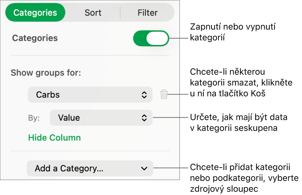 Boční panel kategorií s volbami pro vypnutí kategorií, smazání kategorií, přeskupení dat, skrytí zdrojového sloupce a přidání kategorií
