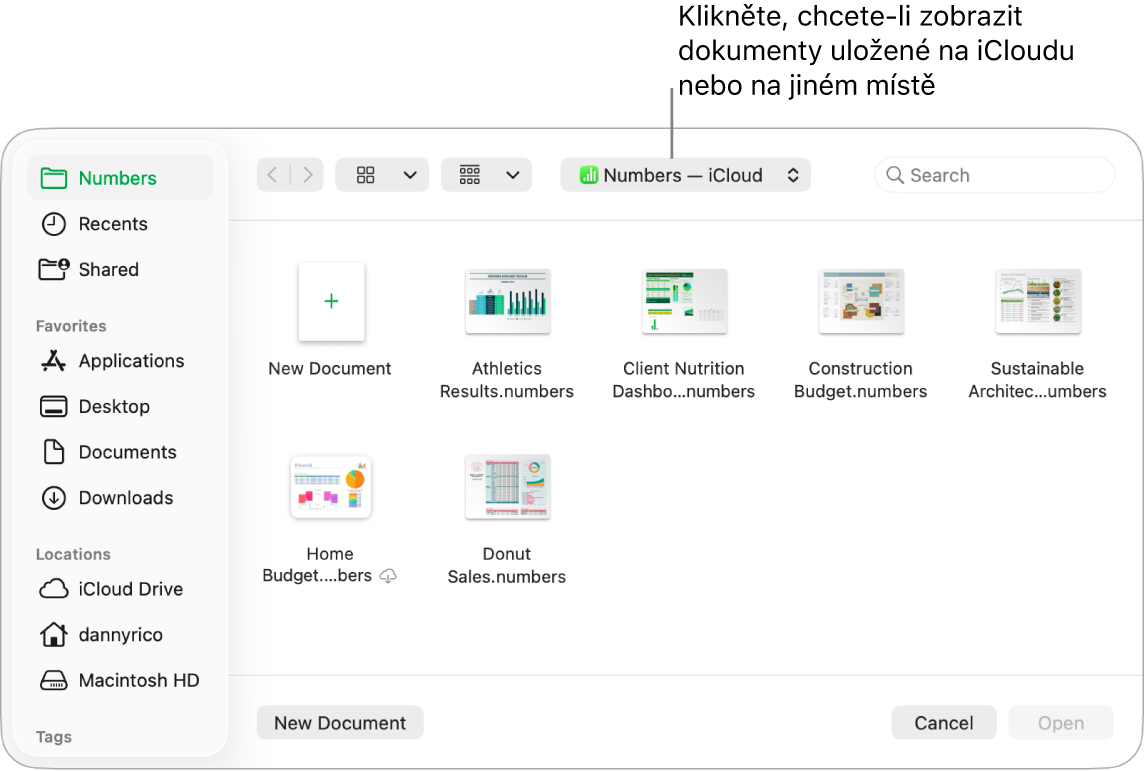 Dialogové okno Otevřít s otevřeným bočním panelem vlevo a iCloud Drivem vybraným v horní místní nabídce. Kromě tlačítka Nový dokument okno obsahuje složky pro Keynote, Numbers a Pages.
