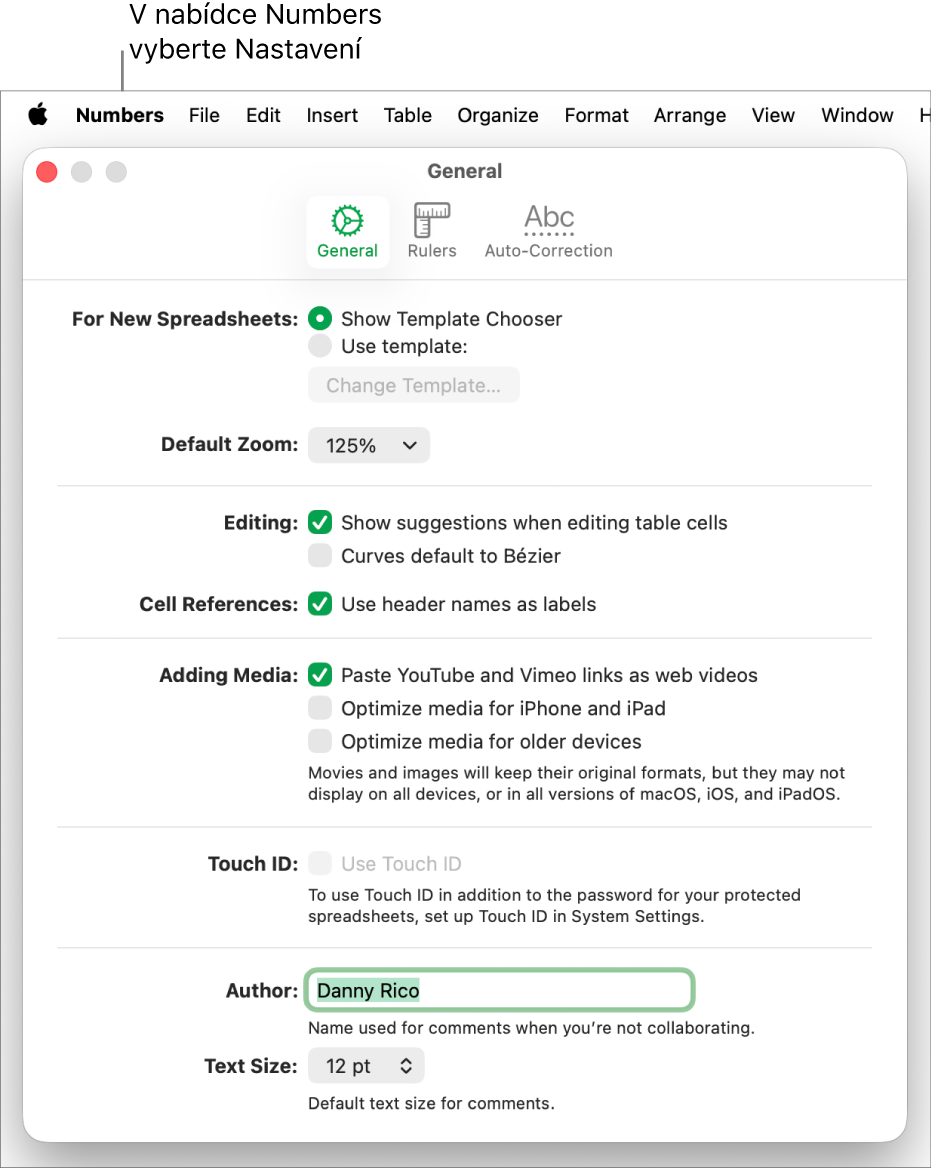 Okno s nastavením Numbers a otevřeným panelem Obecné, s volbami pro nové tabulky, výchozí nastavení přiblížení, úpravy, odkazy na buňku, rovnice, přidávání médií, funkci Touch ID, jméno autora a výchozí velikost textu