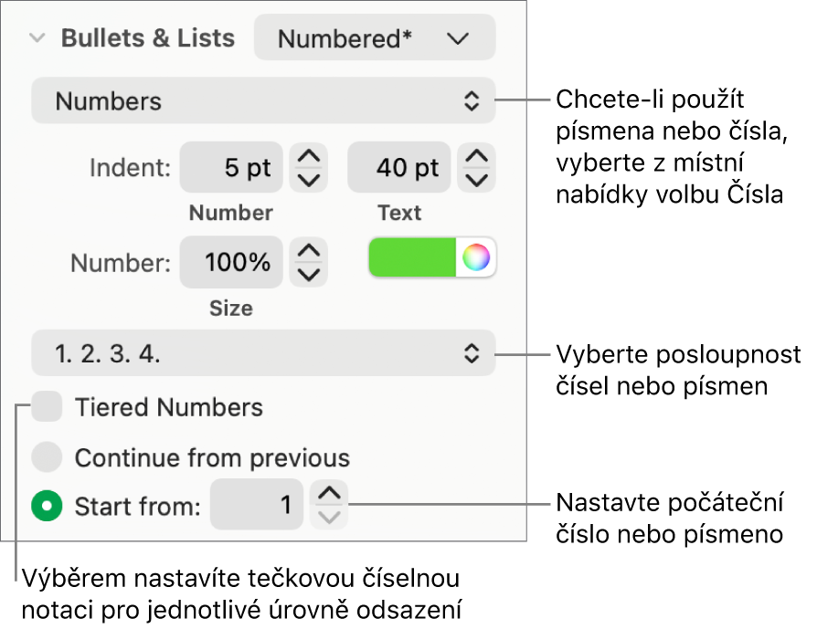 Ovládací prvky pro změnu stylu čísel nebo rozestupů v seznamu