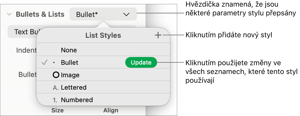 Místní nabídka Styly seznamů s hvězdičkou, která indikuje přepsání, a s popisky u tlačítka Nový styl a podnabídky voleb pro správu stylů