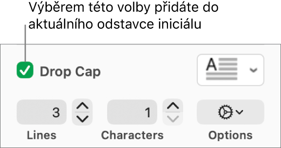 Je vidět zaškrtnuté políčko Iniciála a napravo od něj je místní nabídka; pod ní jsou ovládací prvky pro nastavení výšky řádku, počet znaků a další volby