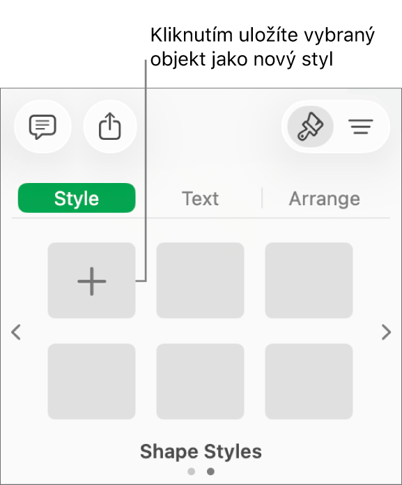 Panel Styl na bočním panelu Formát s čtyřmi styly obrázků, tlačítkem Vytvořit styl a prázdnou maketou stylu.