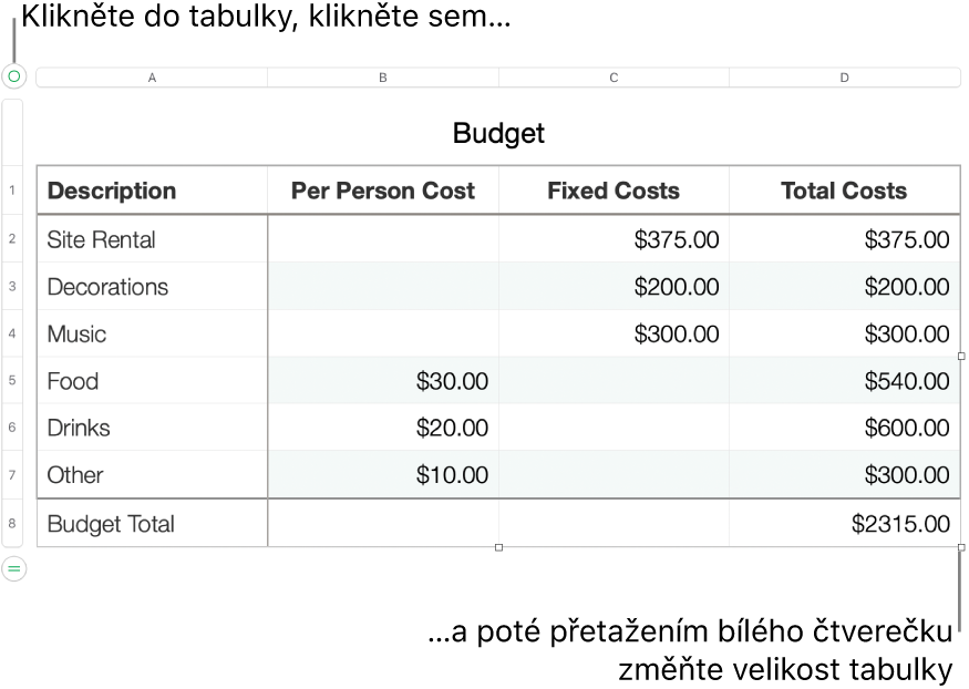 Vybraná tabulka s bílými čtverečky pro změnu velikosti