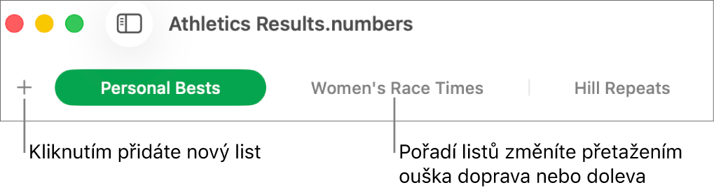 Panel se štítky listů, umožňující přidat nový list a změnit uspořádání listů