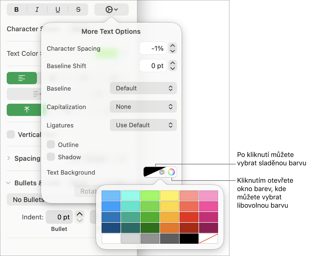 Ovládací prvky pro volbu výplně znaků