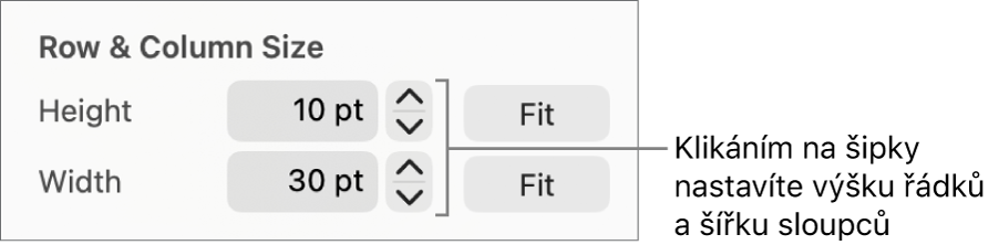 Ovládací prvky pro nastavení přesné velikosti řádků nebo sloupců
