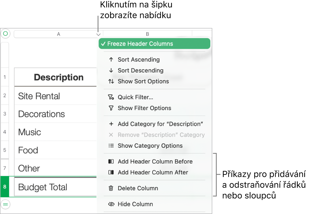 Nabídka sloupců tabulky s příkazy pro přidávání a mazání řádků a sloupců