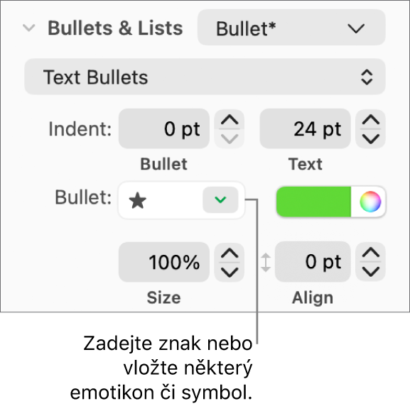 Oddíl Odrážky a seznamy na bočním panelu Formát. V poli Odrážka je vidět emotikon hvězdičky
