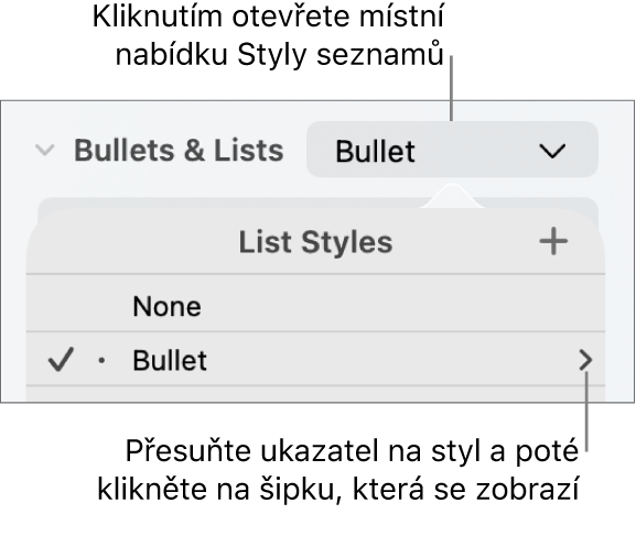 Místní nabídka Styly seznamů s jedním vybraným stylem a šipkou úplně vpravo.
