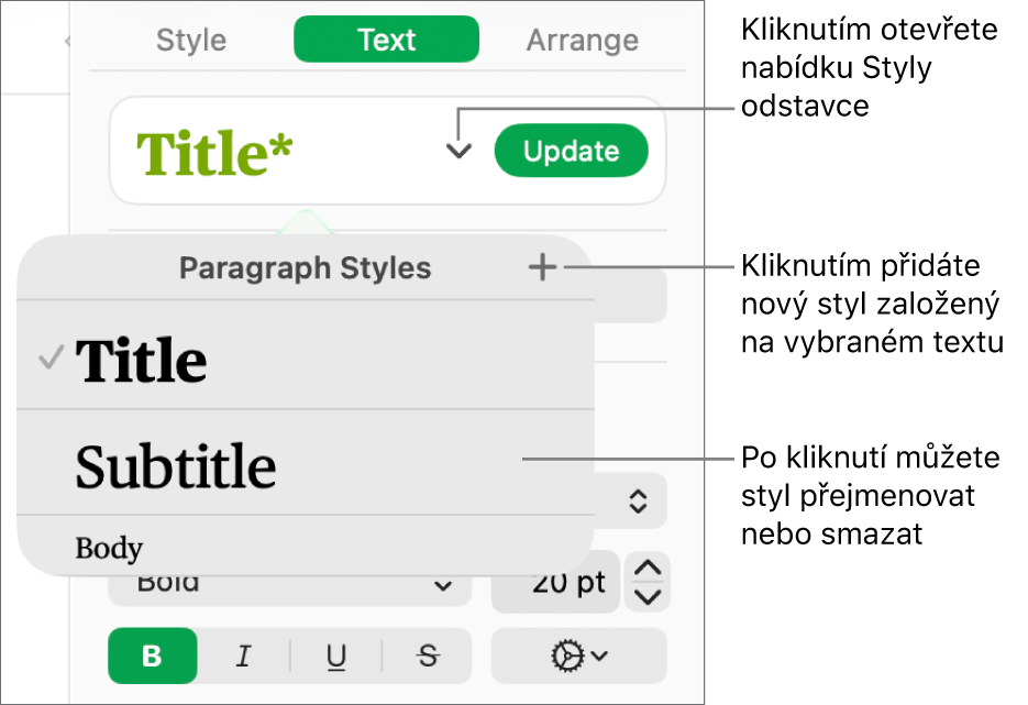 Nabídka Styly odstavců s ovládacími prvky pro přidání nebo změnu stylu