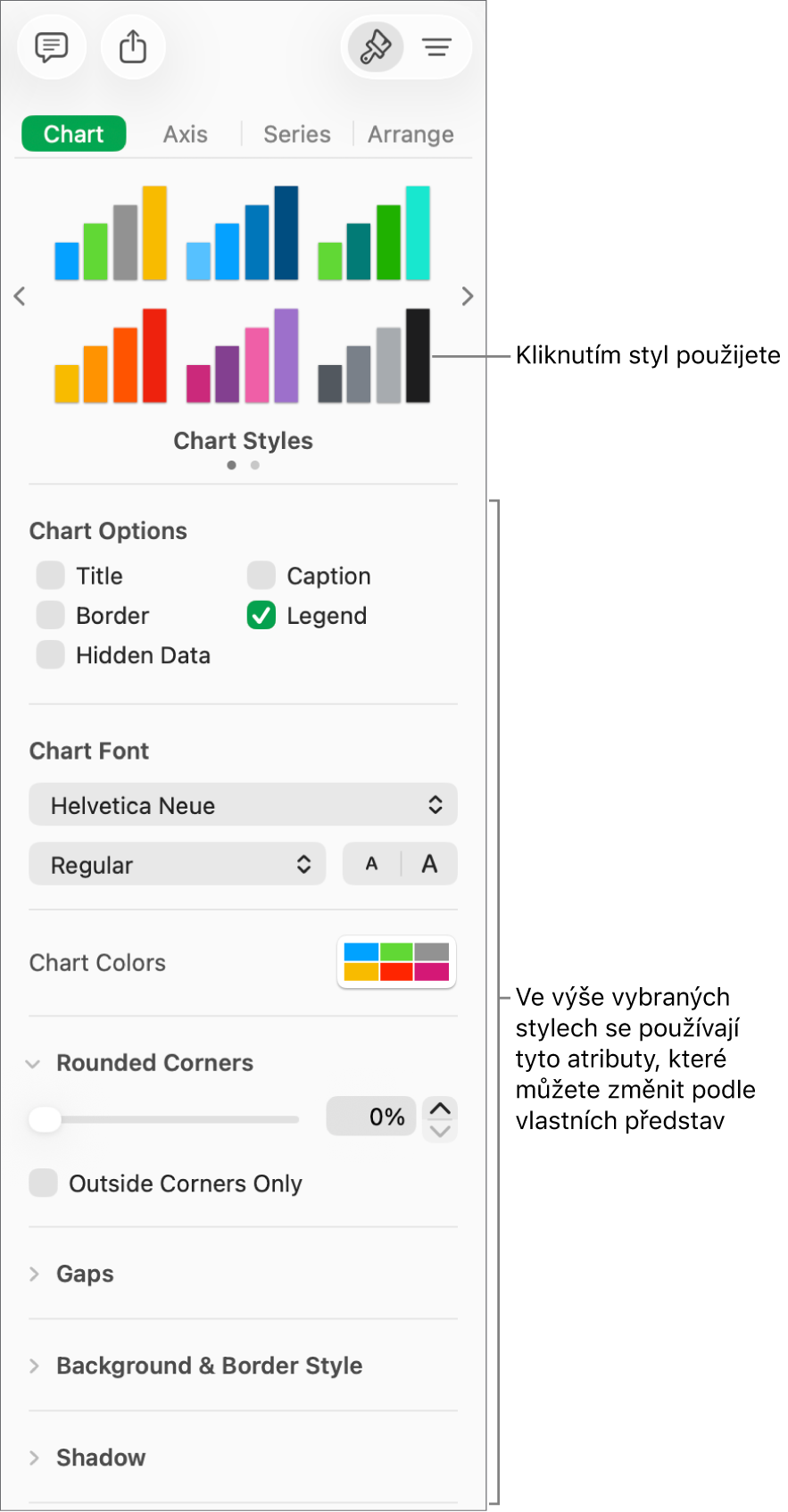 Boční panel Formát s ovládacími prvky pro formátování grafů
