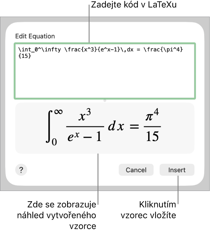 Vzorec pro řešení kvadratické rovnice zadaný do pole Rovnice v LaTeXu a pod ním náhled výsledného vzorce