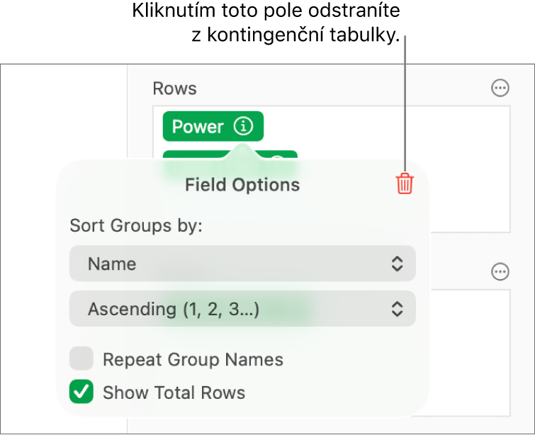Nabídka „Volby pole“ zobrazující ovládací prvky pro seskupení a řazení dat a také volbu pro odstranění polí.