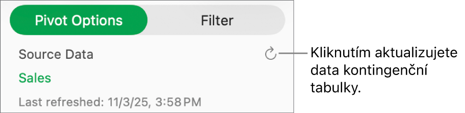Karta „Volby kontingenčních dat“ zobrazující volbu pro aktualizaci kontingenční tabulky
