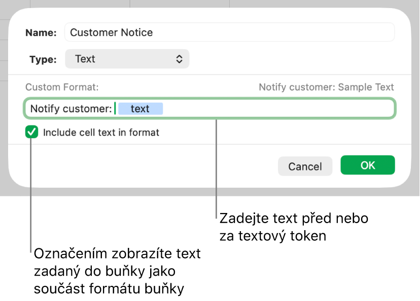 Vlastní formát buněk obsahujících text