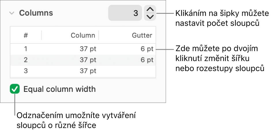 Ovládací prvky v oddílu Sloupce pro změnu počtu sloupců a šířky každého sloupce