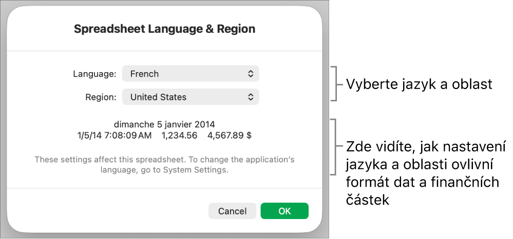 Panel Jazyk a oblast obsahující ovládací prvky pro jazyk a oblast a ukázku formátu, včetně data, času, desetinného oddělovače a měny.