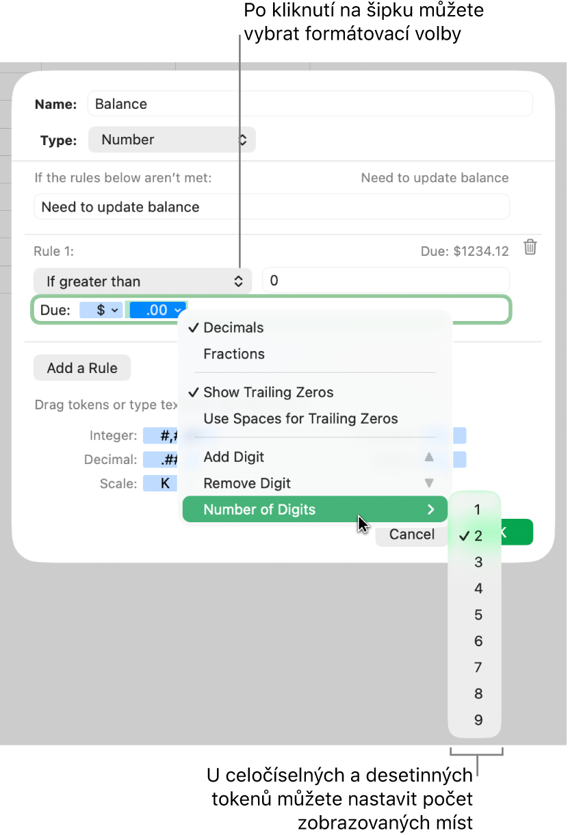 Okno vlastního formátu buněk s ovládacími prvky pro výběr voleb formátování