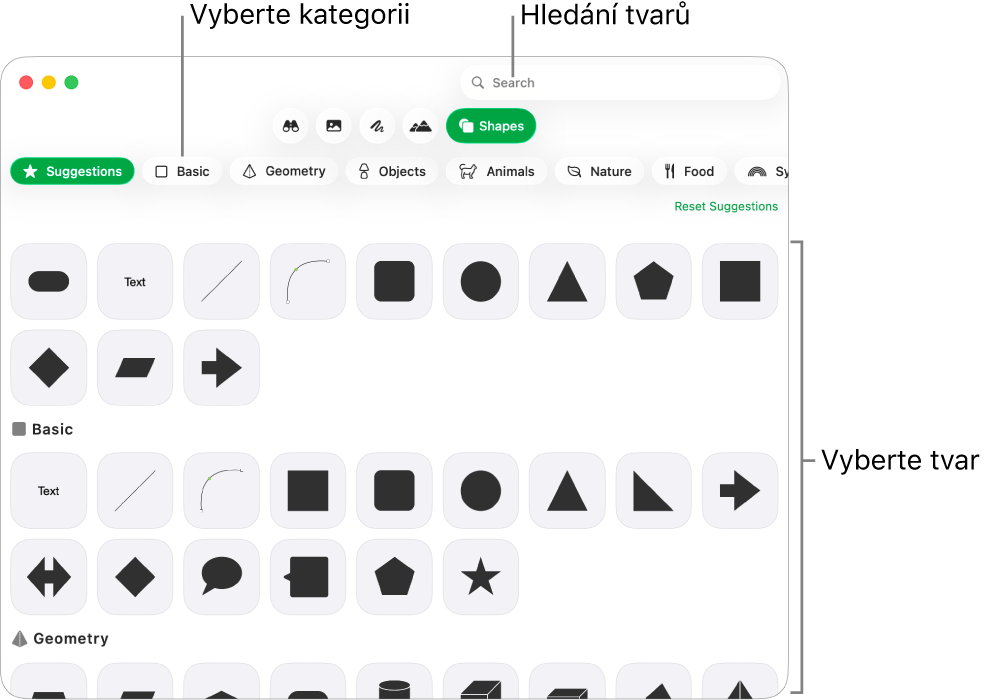 Knihovna tvarů. Vlevo jsou uvedeny kategorie, vpravo tvary. Pomocí pole hledání v horní části můžete vyhledat požadované tvary. Posunutím zobrazíte další tvary.